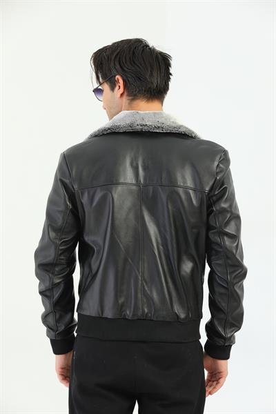 Basics And More Basics&More Men's Fur Collar Black Genuine Leather Pilot Jacket - Tpilot