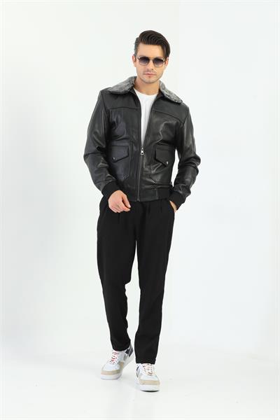Basics And More Basics&More Men's Fur Collar Black Genuine Leather Pilot Jacket - Tpilot