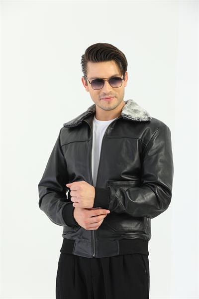 basics and more Basics&More Men's Fur Collar Black Genuine Leather Pilot Jacket - Tpilot