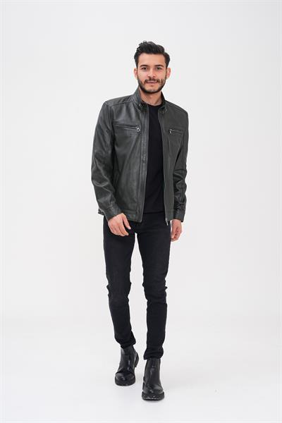 Basics And More Basics&More Men's Green Leather Jacket - Zippered
