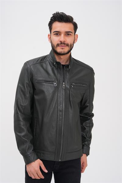 Basics And More Basics&More Men's Green Leather Jacket - Zippered