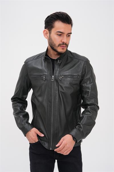Basics And More Basics&More Men's Green Leather Jacket - Zippered