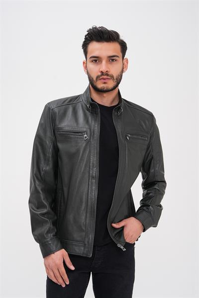 basics and more Basics&More Men's Green Leather Jacket - Zippered
