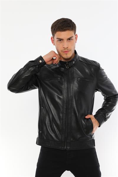 Basics And More Basics&More Men's Modern Design Genuine Black Leather Jacket - E130T
