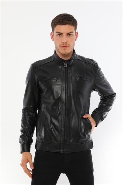 basics and more Basics&More Men's Modern Design Genuine Black Leather Jacket - E130T