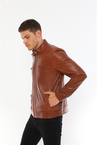 Basics And More Basics&More Men's Modern Design Genuine Chestnut Leather Jacket - E130T