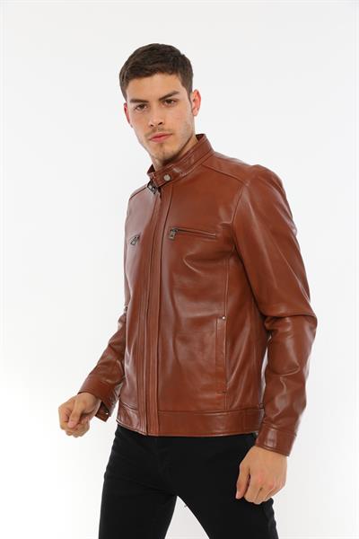 Basics And More Basics&More Men's Modern Design Genuine Chestnut Leather Jacket - E130T