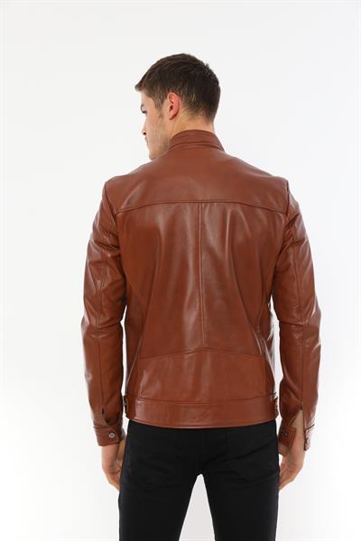 Basics And More Basics&More Men's Modern Design Genuine Chestnut Leather Jacket - E130T