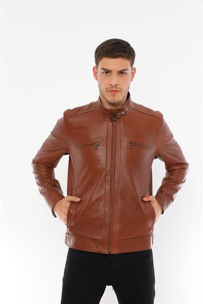 basics and more Basics&More Men's Modern Design Genuine Chestnut Leather Jacket - E130T