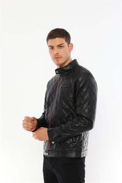 Basics And More Basics&More Men's Quilt Patterned Genuine Black Leather Jacket - ES790