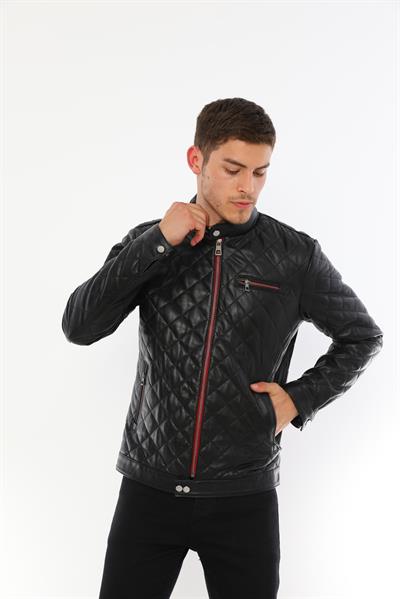 Basics And More Basics&More Men's Quilt Patterned Genuine Black Leather Jacket - ES790
