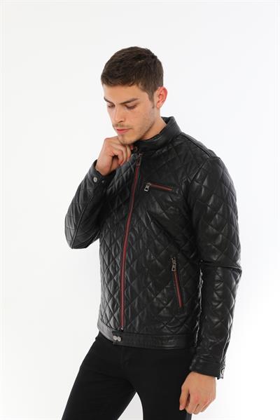 Basics And More Basics&More Men's Quilt Patterned Genuine Black Leather Jacket - ES790