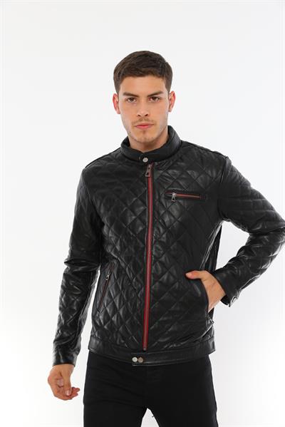 basics and more Basics&More Men's Quilt Patterned Genuine Black Leather Jacket - ES790