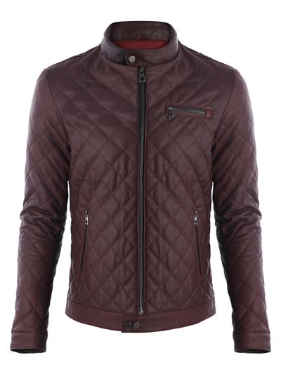 basics and more Basics&More Men's Quilt Patterned Genuine Burgundy Leather Jacket - ES790