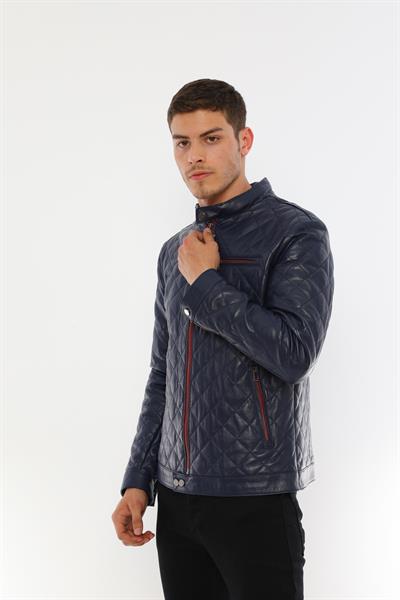 Basics And More Basics&More Men's Quilt Patterned Genuine Dark Navy Blue Leather Jacket - ES790