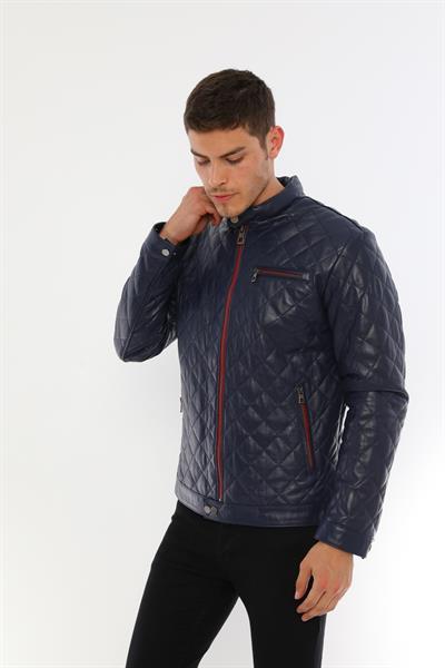 Basics And More Basics&More Men's Quilt Patterned Genuine Dark Navy Blue Leather Jacket - ES790