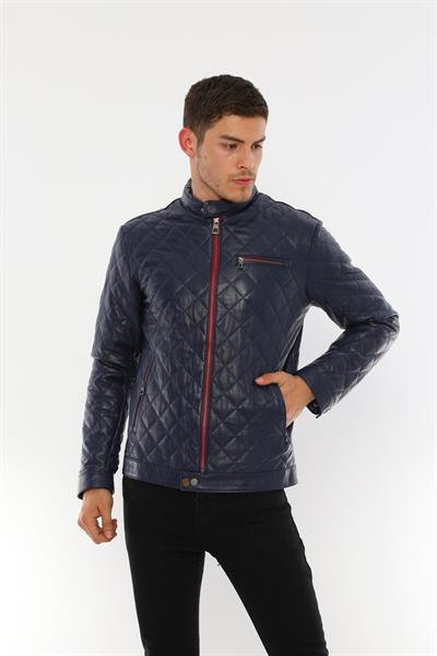 Basics And More Basics&More Men's Quilt Patterned Genuine Dark Navy Blue Leather Jacket - ES790