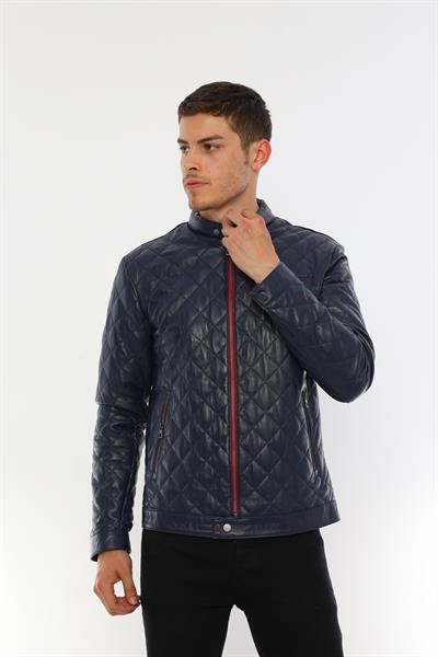 basics and more Basics&More Men's Quilt Patterned Genuine Dark Navy Blue Leather Jacket - ES790