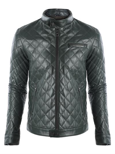 basics and more Basics&More Men's Quilt Patterned Genuine Green Leather Jacket - ES790