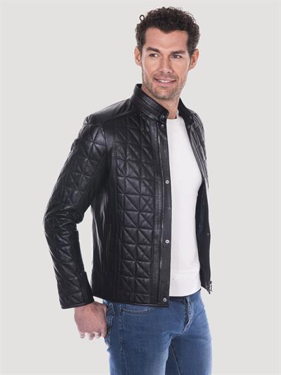 Basics And More Basics&More Men's Quilted Detailed Black Leather Jacket - E02