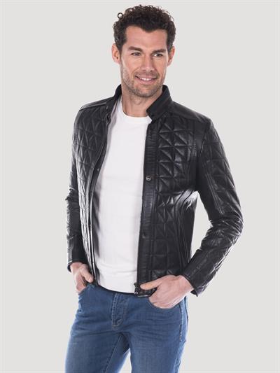 Basics And More Basics&More Men's Quilted Detailed Black Leather Jacket - E02