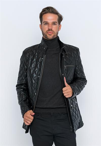 Basics And More Basics&More Men's Quilted Detailed Black Leather Jacket - E1630