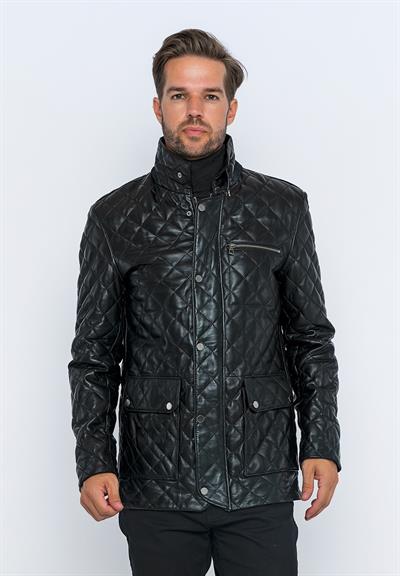 basics and more Basics&More Men's Quilted Detailed Black Leather Jacket - E1630