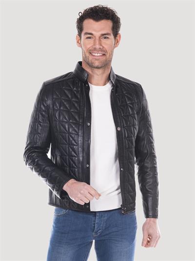 basics and more Basics&More Men's Quilted Detailed Black Leather Jacket - E02