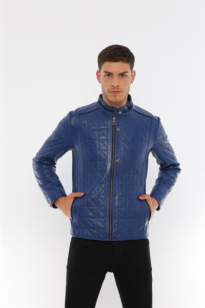 Basics And More Basics&More Men's Quilted Detailed Blue Leather Jacket - E02