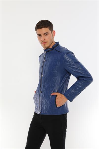 Basics And More Basics&More Men's Quilted Detailed Blue Leather Jacket - E02