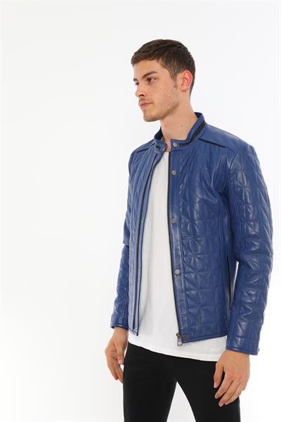 Basics And More Basics&More Men's Quilted Detailed Blue Leather Jacket - E02