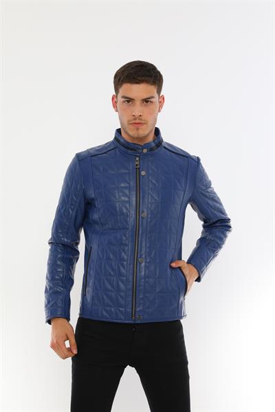 basics and more Basics&More Men's Quilted Detailed Blue Leather Jacket - E02