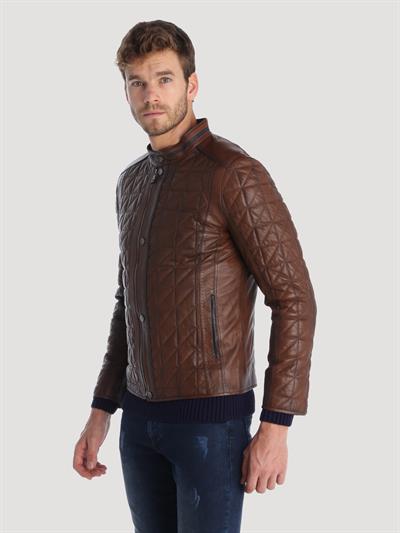 Basics And More Basics&More Men's Quilted Detailed Chestnut Chestnut Leather Jacket - E02