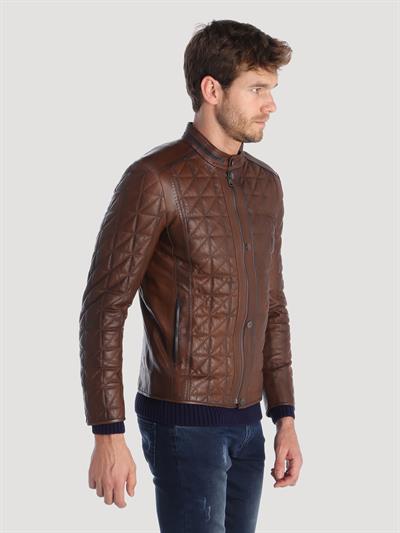 Basics And More Basics&More Men's Quilted Detailed Chestnut Chestnut Leather Jacket - E02