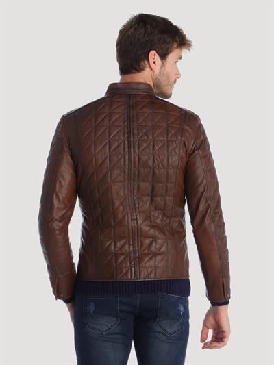 Basics And More Basics&More Men's Quilted Detailed Chestnut Chestnut Leather Jacket - E02