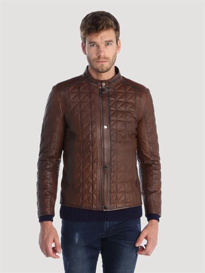 basics and more Basics&More Men's Quilted Detailed Chestnut Chestnut Leather Jacket - E02