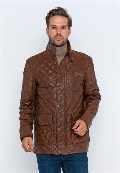 basics and more Basics&More Men's Quilted Detailed Chestnut Leather Jacket - E1630