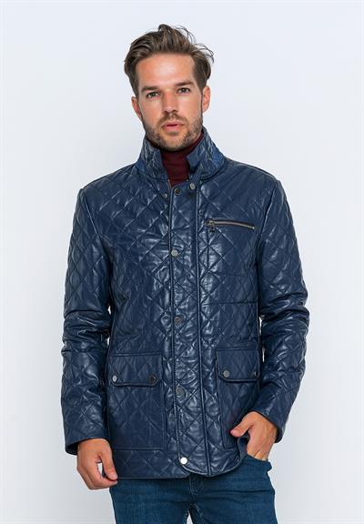 Basics And More Basics&More Men's Quilted Detailed Dark Blue Leather Jacket - E1630