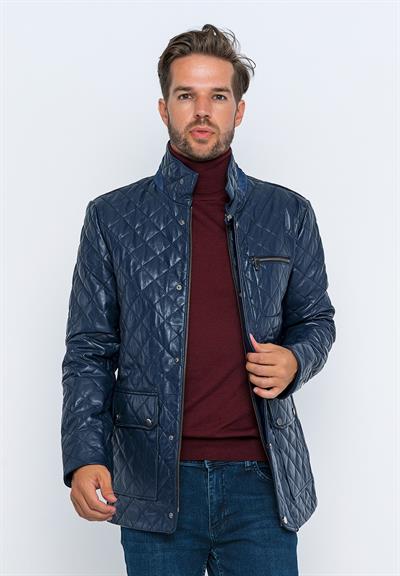Basics And More Basics&More Men's Quilted Detailed Dark Blue Leather Jacket - E1630