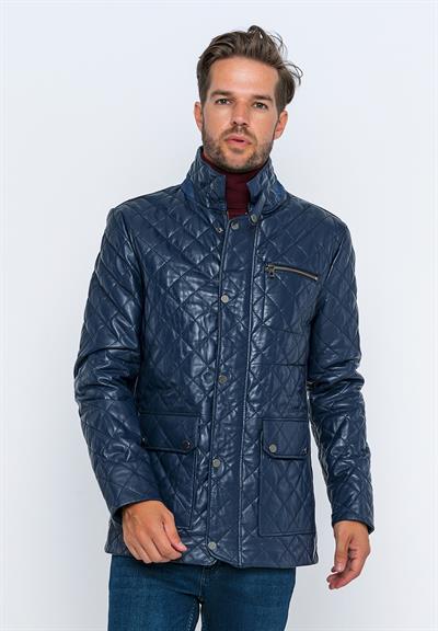 basics and more Basics&More Men's Quilted Detailed Dark Blue Leather Jacket - E1630