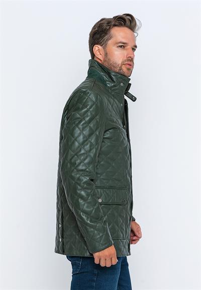 Basics And More Basics&More Men's Quilted Detailed Dark Green Leather Jacket - E1630