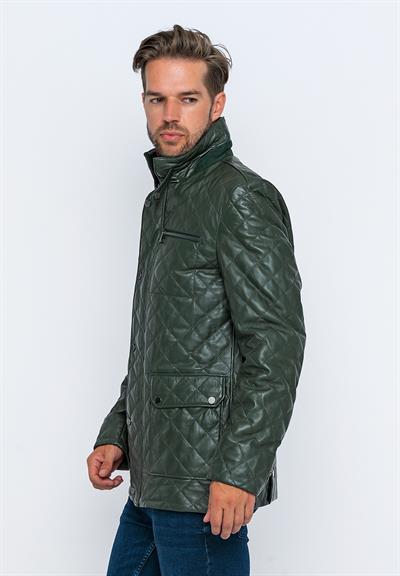 Basics And More Basics&More Men's Quilted Detailed Dark Green Leather Jacket - E1630