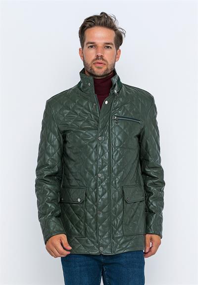 Basics And More Basics&More Men's Quilted Detailed Dark Green Leather Jacket - E1630