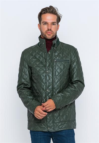 basics and more Basics&More Men's Quilted Detailed Dark Green Leather Jacket - E1630