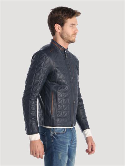 Basics And More Basics&More Men's Quilted Detailed Dark Navy Blue Leather Jacket - E02