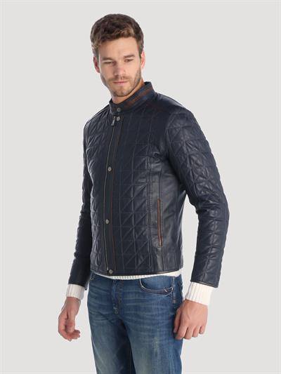 Basics And More Basics&More Men's Quilted Detailed Dark Navy Blue Leather Jacket - E02