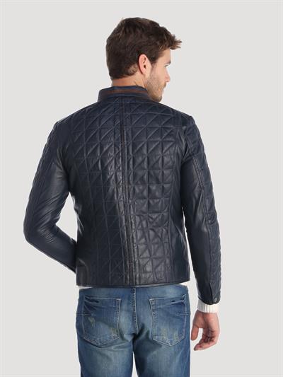 Basics And More Basics&More Men's Quilted Detailed Dark Navy Blue Leather Jacket - E02
