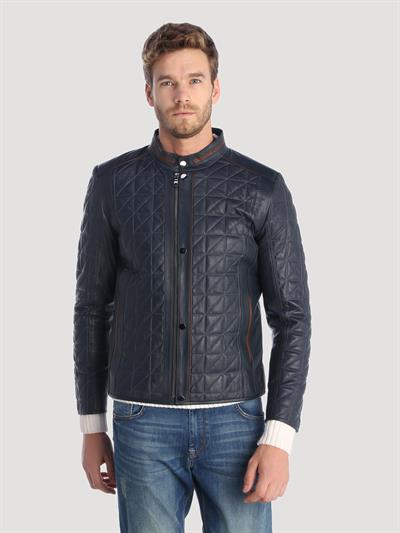 basics and more Basics&More Men's Quilted Detailed Dark Navy Blue Leather Jacket - E02