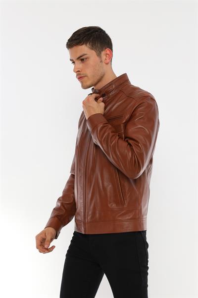 Basics And More Basics&More Men's Stand-Up Collar Chestnut Leather Jacket - E062