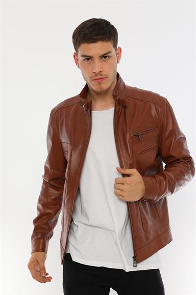 Basics And More Basics&More Men's Stand-Up Collar Chestnut Leather Jacket - E062